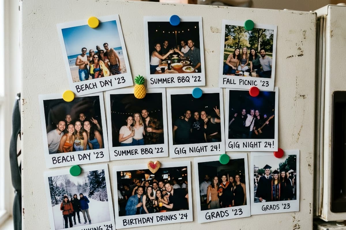 Polaroid photos on a fridge — memories from hangouts with friends